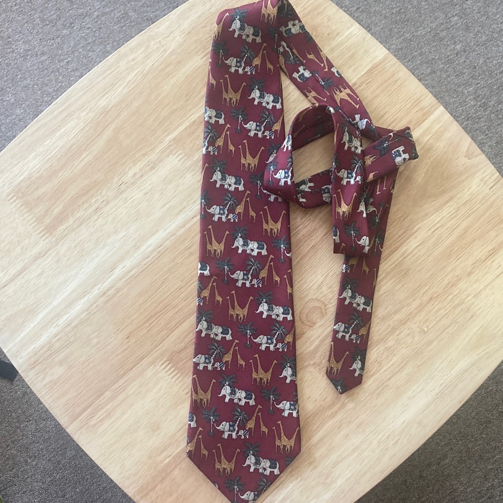 Van Heusen Vintage Burgundy Tie with Elephant and Giraffe Print